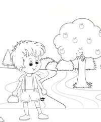 cute little fairy coloring Page Outline hand-painted in cartoon style Of little boy with mountains and landscape