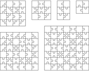 Illustration of six  white puzzles, separate pieces