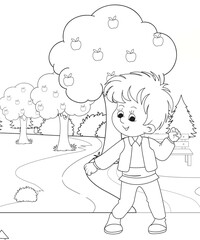 cute little fairy coloring Page Outline hand-painted in cartoon style Of little boy with mountains and landscape