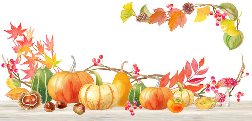 テーブルのハロウィンかぼちゃの飾りフレーム。水彩イラスト。（透過背景）