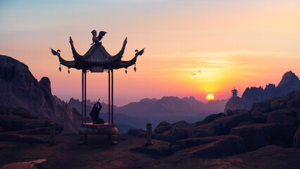 Purple sky landscape with sunset and a ninja inside an eastern Bandstand  (gazebo, pagoda) on the peak of the mountains
