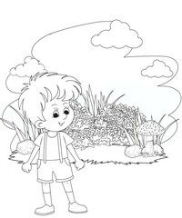 cute little fairy coloring Page Outline hand-painted in cartoon style Of little boy with mountains and landscape