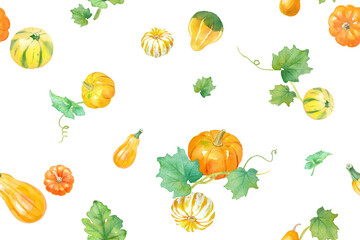 秋のカラフルなカボチャのシームレスパターン。ハロウィン、収穫祭のイメージ。水彩イラスト。
