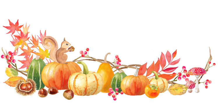 ハロウィンかぼちゃとリスの飾りフレーム。秋のイメージの水彩イラスト（透過背景）