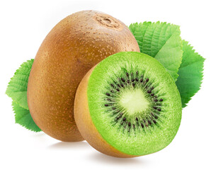 Kiwi fruit, cross cut of kiwi and green leaves isolated on white background.