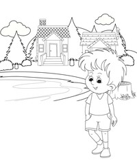 cute little fairy coloring Page Outline hand-painted in cartoon style Of little boy with mountains and landscape