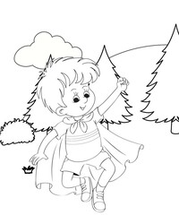 cute little fairy coloring Page Outline hand-painted in cartoon style Of little boy with mountains and landscape