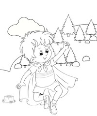 cute little fairy coloring Page Outline hand-painted in cartoon style Of little boy with mountains and landscape