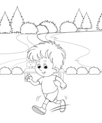 cute little fairy coloring Page Outline hand-painted in cartoon style Of little boy with mountains and landscape
