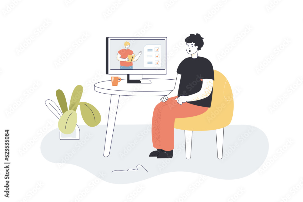 Poster teacher with list and book teaching student online. boy sitting at computer and learning on video le