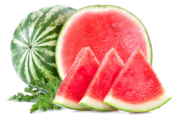 Three slices of watermelon with half and whole watermelon isolated on white background.
