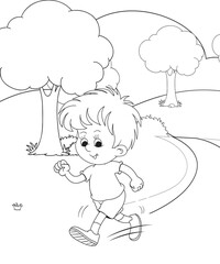 cute little fairy coloring Page Outline hand-painted in cartoon style Of little boy with mountains and landscape