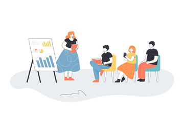 Speaker presenting whiteboard presentation for group of students. People training on seminar flat vector illustration. School, university lecture concept for banner, website design or landing web page