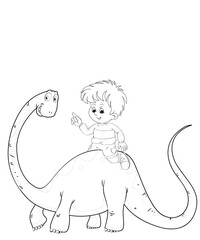Outline hand-painted Coloring Page for boys and girls with mountains and Dinosaur, Coloring Book or pages to color for kids,