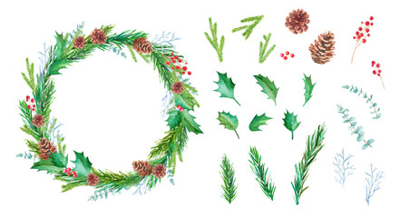 松毬、もみの枝、西洋柊などのクリスマスリースの水彩イラスト。エレメントのセット。（透過背景）