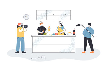 TV live show with cooking chefs. Male assistant and cameraman recording contest in studio kitchen flat vector illustration. Television, recipe concept for banner, website design or landing web page