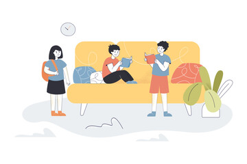 Kids reading books from library at home. Boys holding story books, girl standing with backpack flat vector illustration. Homework, education concept for banner, website design or landing web page