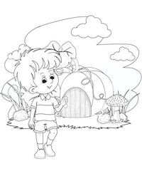 Coloring Page Outline hand-painted in cartoon style Of little boy with mountains and Dinosaur, Coloring Book or pages to color for kids,