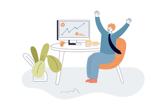 Happy rich investor with growth of arrow graph. Male trader sitting at computer with money coins flat vector illustration. Success, stock market concept for banner, website design or landing web page