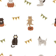 Halloween seamless paper with funny cats in masquerade costumes