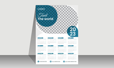 Monthly Calendar 2023. Simple monthly horizontal photo calendar Layout for 2023 year in English. Cover Calendar and 12 months templates