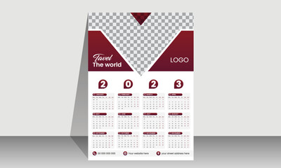 Monthly Calendar 2023. Simple monthly horizontal photo calendar Layout for 2023 year in English. Cover Calendar and 12 months templates