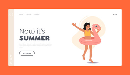 Summer Landing Page Template. Happy Little Girl in Swimsuit and Inflatable Ring. Child Character Playing on Beach