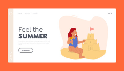 Kids Summer Activities Landing Page Template. Happy Baby Girl Character Playing on Beach Building Sand Castle