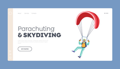 Naklejka na ściany i meble Parachuting and Skydiving Sport Landing Page Template. Paragliding, Parachute Jumping Extreme, Skydiver Parachutist