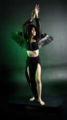 portrait of beautiful asian model with dark hair, wearing black gothic skirt costume, angel feather wings with horned headdress. Posing with gestural hands  on dark silhouette  studio background.