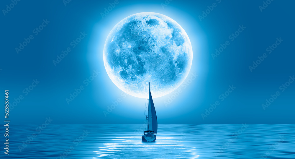 Poster lone yacht with super full moon 