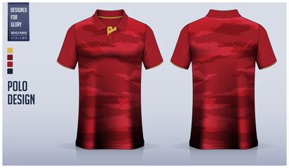 Red polo shirt mockup template design for soccer jersey, football kit, golf, tennis, sportswear. Brush stroke pattern.