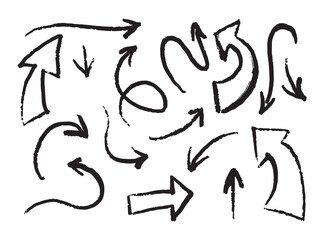 Big set of different arrows. Thick, thin, rough, hand-drawn, curled, straight, small, long, doodle.