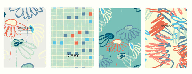 Fototapeta premium Cover page vector templates based on seamless patterns with hand drawn Echinacea flowers. Background for school exercise books, notebooks, diaries