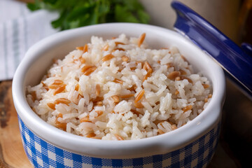 Traditional delicious Turkish food; Turkish style rice pilaf (Turkish name; Arpa sehriyeli pirinc pilavi)