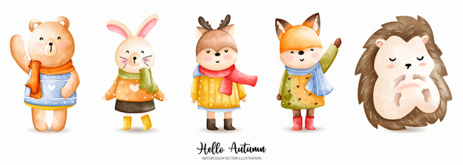 Cute Animal autumn watercolor, Thanksgiving Vector illustration, Bear, Bunny, Deer, Fox, Porcupine..