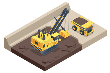 Isometric mining quarry, mine with large quarry dump truck and power shovel. Coal mine. Equipment for high-mining industry