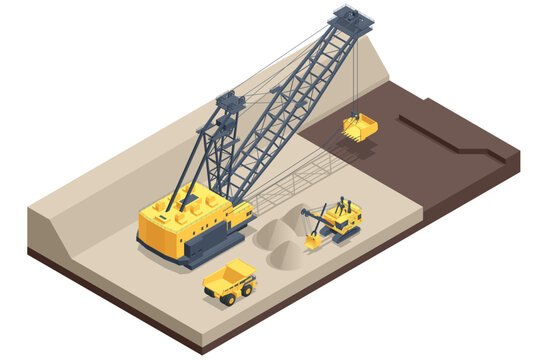 Isometric mining quarry, mine with large quarry dump truck and dragline excavator. Coal mine. Equipment for high-mining industry, Mining clay in quarry.