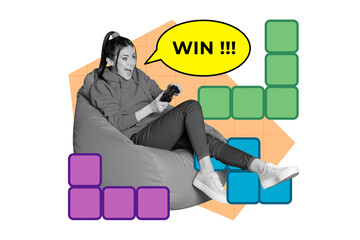Collage photo of young woman sitting pouf hold joystick playing console scream about her win tetris...