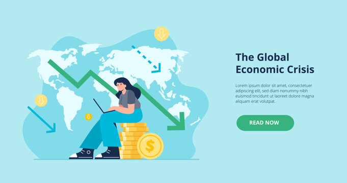 Losing money concept. Financial and economic crisis. Personal budget expenditures. A young woman loses his money due gloval crisis. Vector flat illustration from landing page or banner.