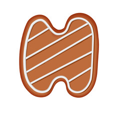 Gingerbread alphabet. Creative gingerbread typography design. Biscuit traditional decorative alphabet. Christmas Cookie font. Letter H.