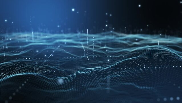 Futuristic flight through a digital line landscape, Blue dust particle ,abstract background. 3D Rendering.