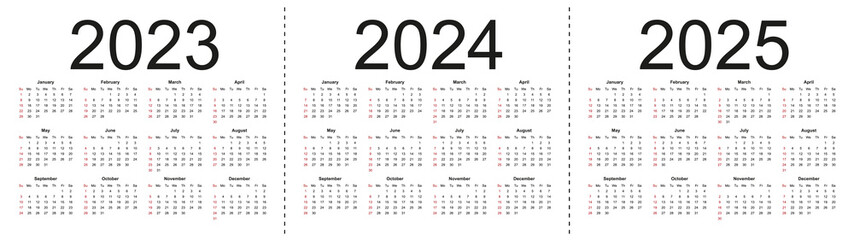 Simple editable vector calendars for year 2023 2024 2025. Week starts from Sunday. Isolated vector illustration on white background.