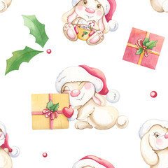 Watercolor holiday seamless pattern with bunnies and gifts