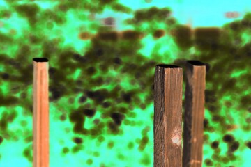 A dreamy view of a wooden stake standing in the garden in a bright color film negative.