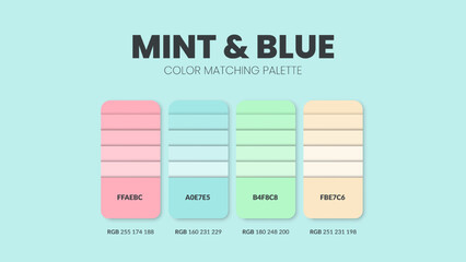 Mint and Blue color guide book cards samples. Color theme palettes or color schemes collection. Colour combinations in RGB or HEX. Set of trend color swatch cataloque inspiration for fashion or design