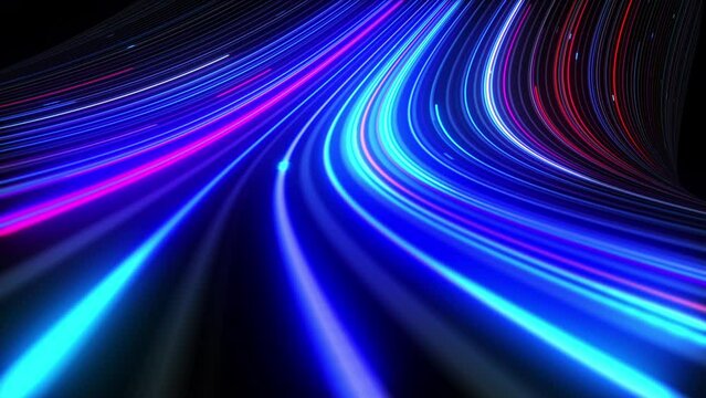 3d rendering colourful abstract neon background space and time strings, highway night lights. Ultra violet rays, glowing lines, virtual reality, speed of light.