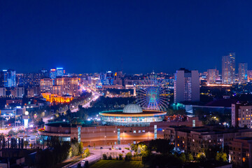 Fototapeta na wymiar Night city panorama Nur-Sultan Kazakhstan Astana, Aerial view