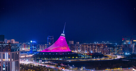 Night city panorama Nur-Sultan Kazakhstan Astana, Aerial view