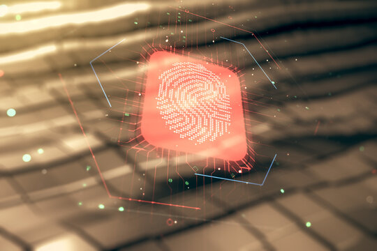 Double exposure of virtual creative fingerprint hologram on blurry metal background, research and development concept